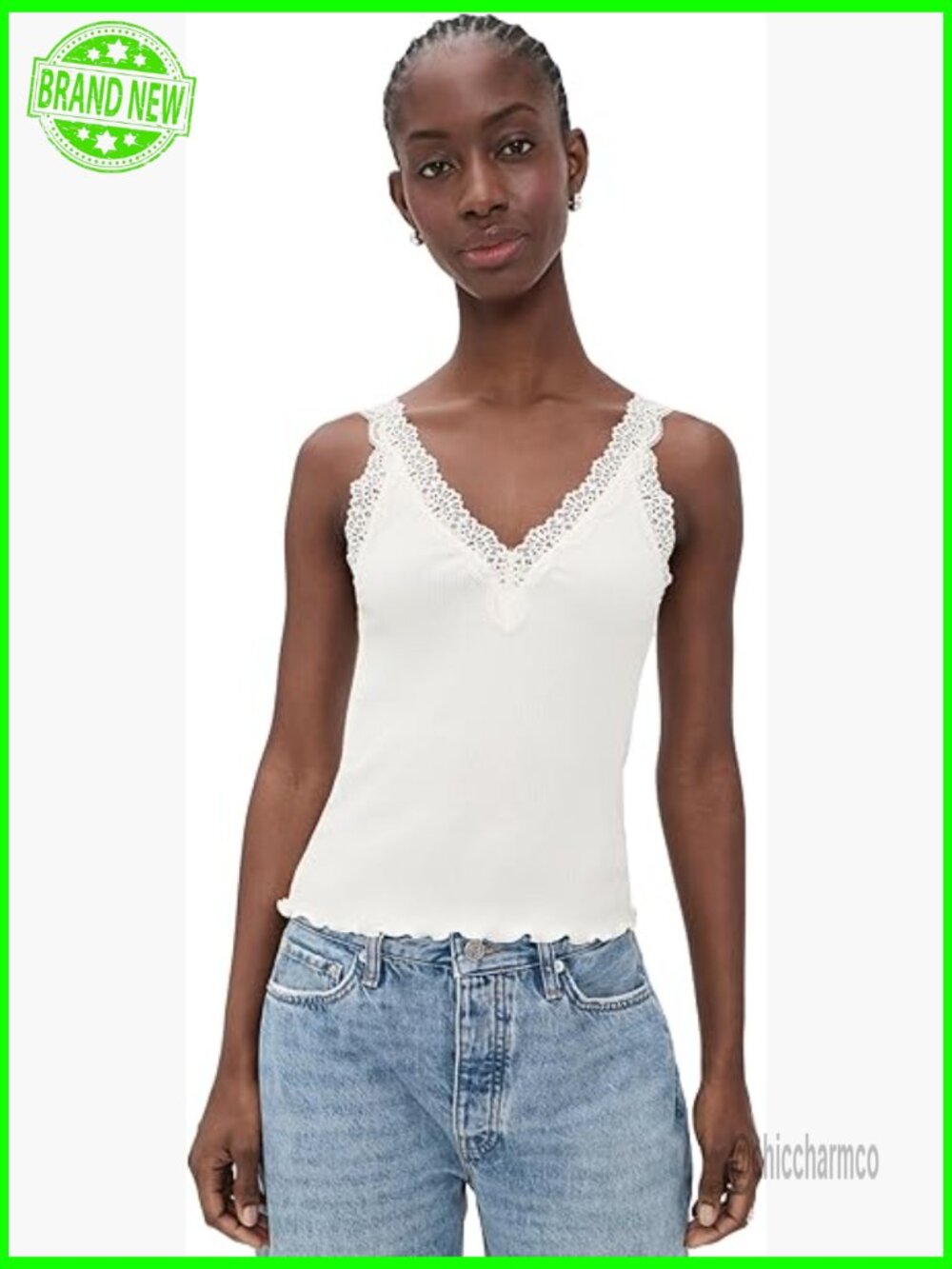 Lace Trim Ribbed V-Neck Tank Top, Lightweight Stretch Jersey Fabric
